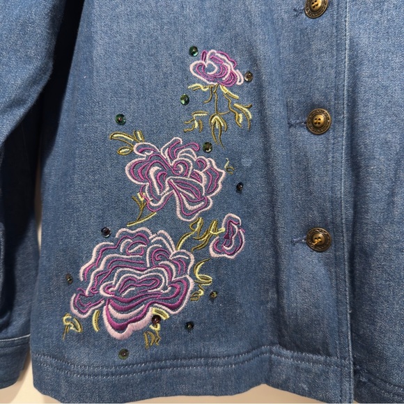 Vintage 90s Floral Embroidered Sequin Denim Jean Jacket & Pants Set, 12 Petite - Picture 5 of 16